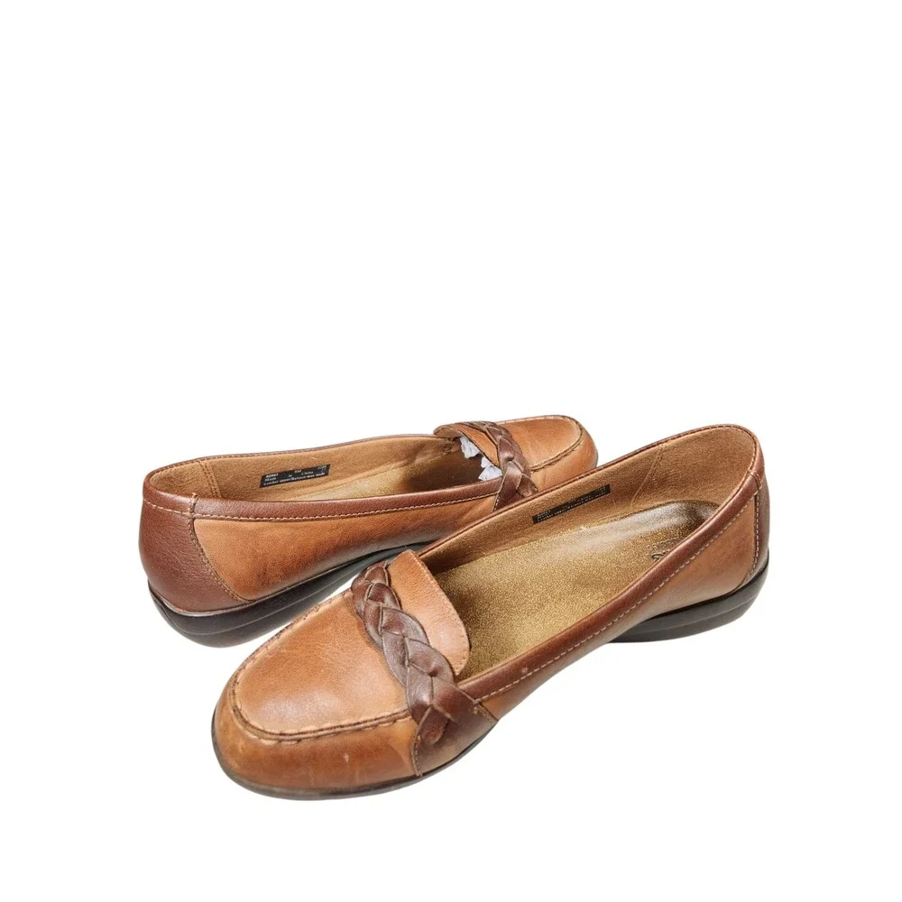 Vintage Clarks Brown Leather Braided Loafers Heritage Grandmacore Cottagecore 8
